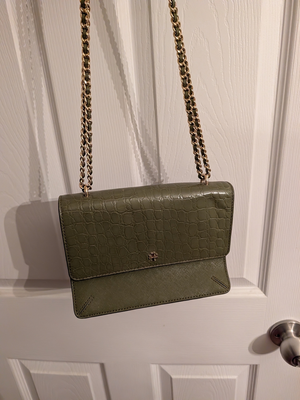 Tory Burch Olive Green Croc-Embossed Robinson Chain Shoulder Bag